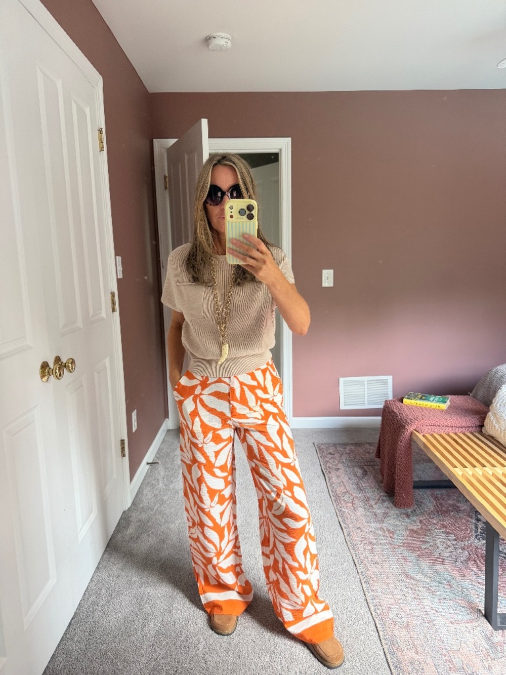 H&M orange print beach pants UK6 XS NWT